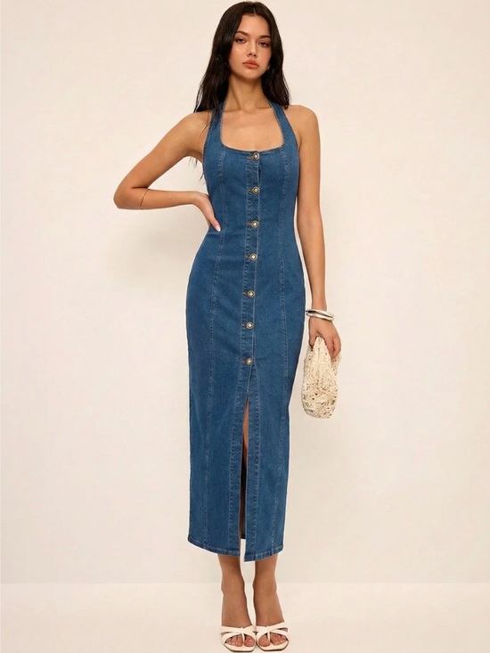 Commense Dresses & Skirts - NWT Commense Cotton Denim Midi Halter Button Down Dress